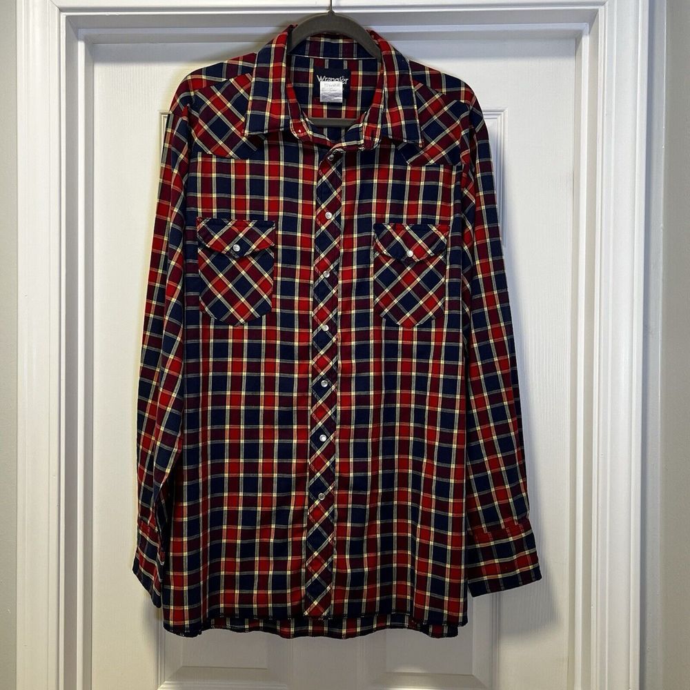 Wrangler Western Shirt Mens XLT Red Navy Plaid‎ Pearl Snap Long Sleeve 75032PP